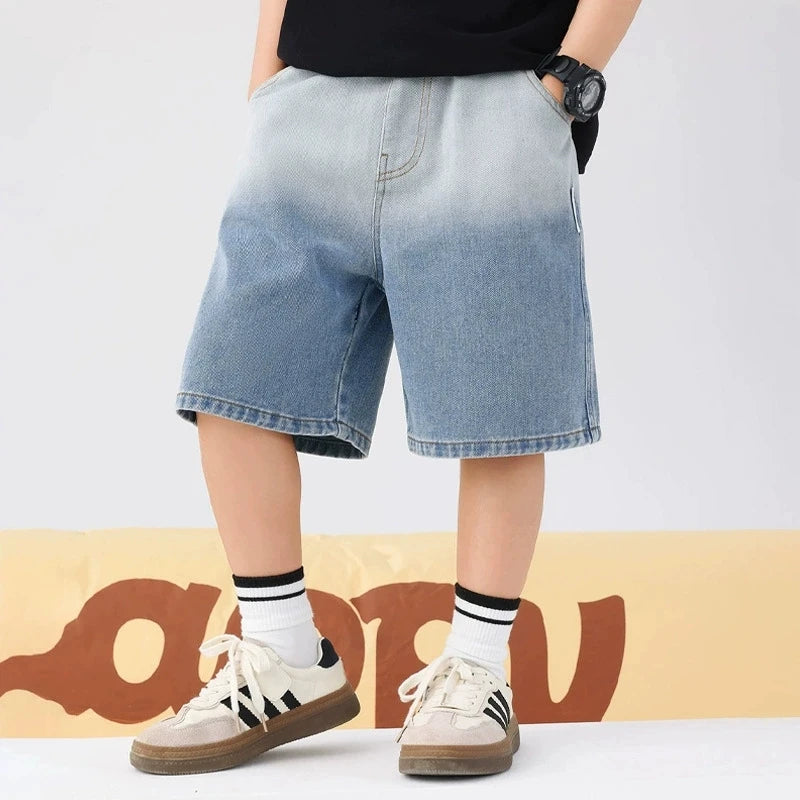 Boys Summer Fashion Ripped Denim Shorts 5-14 Years Kids Cool Big Pocket Cargo Pants Teen Casual Loose Knee-Length Sweatpants