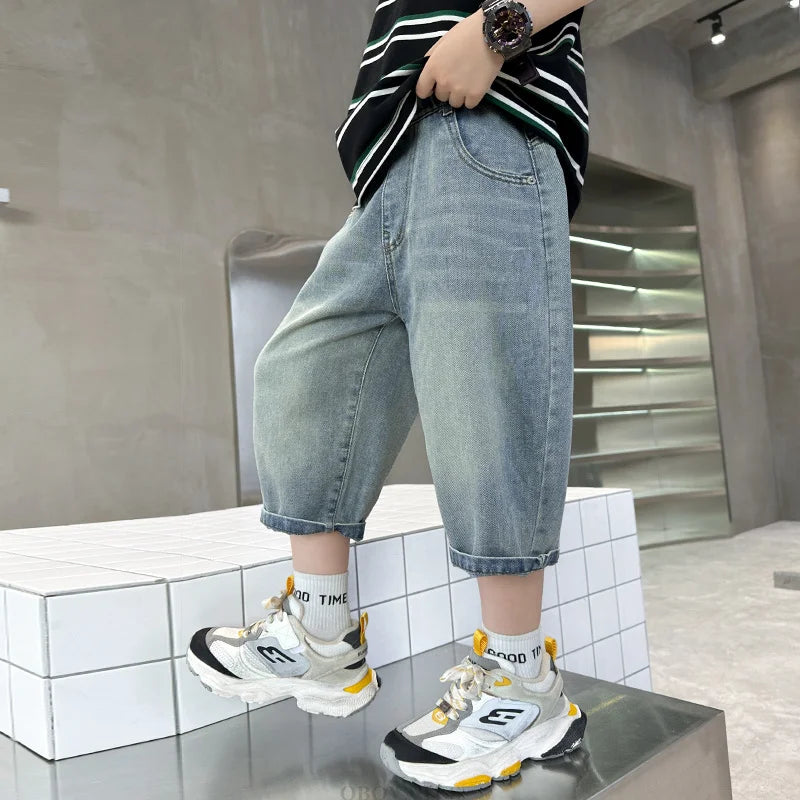 New Summer Kids Denim Shorts with Pockets For Teens Boys Slim Fit Mid-Calf Jeans Pants Teenage Child Causal Capris Shorts 5-14T