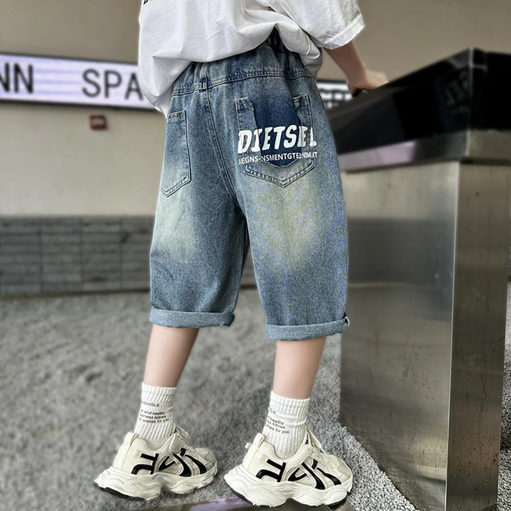 Teen Children's Shorts 2025 Summer New Kids Denim pants thin pants large children loose Boys with five Quarter pants 4-15Years