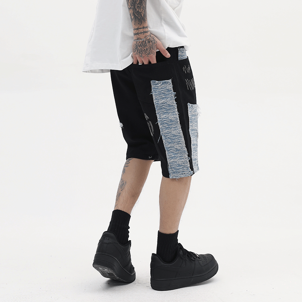 Contrast Panel Embroidered Denim Shorts Men's