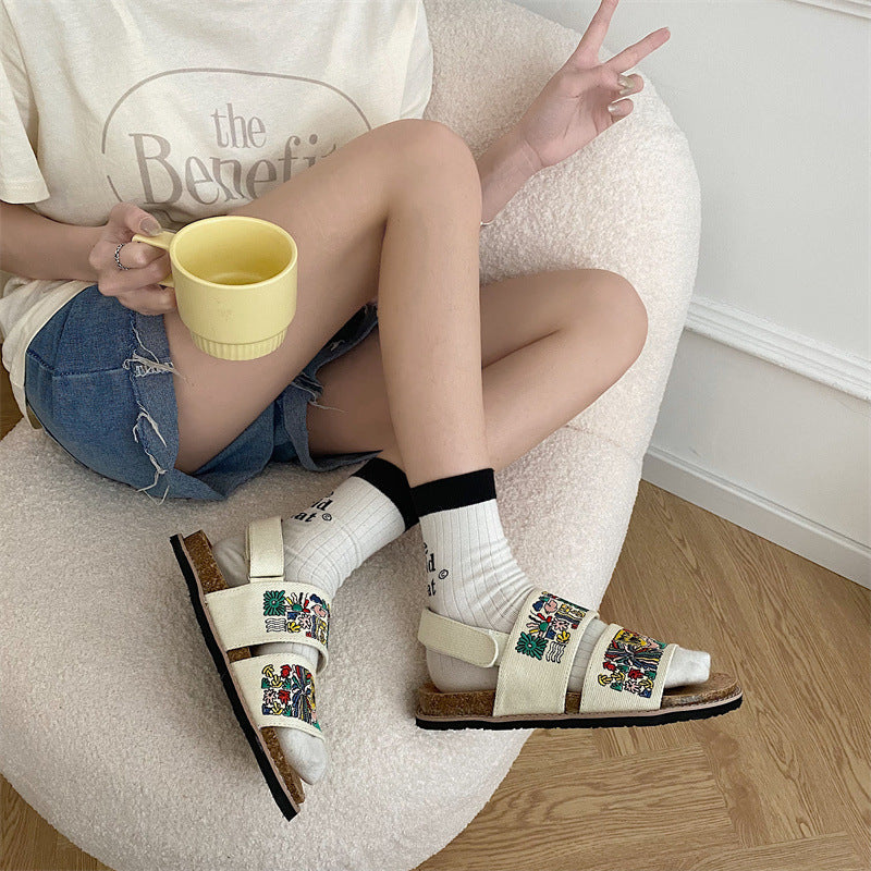 Women's Embroidered Sandals Cork Sole Special-interest Design