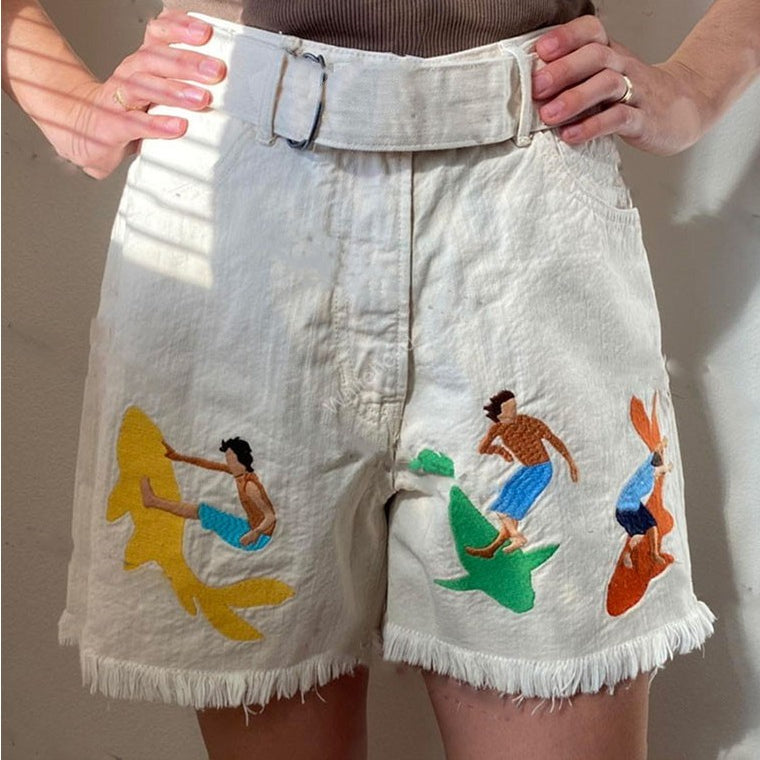 American Retro Embroidered White Denim Shorts