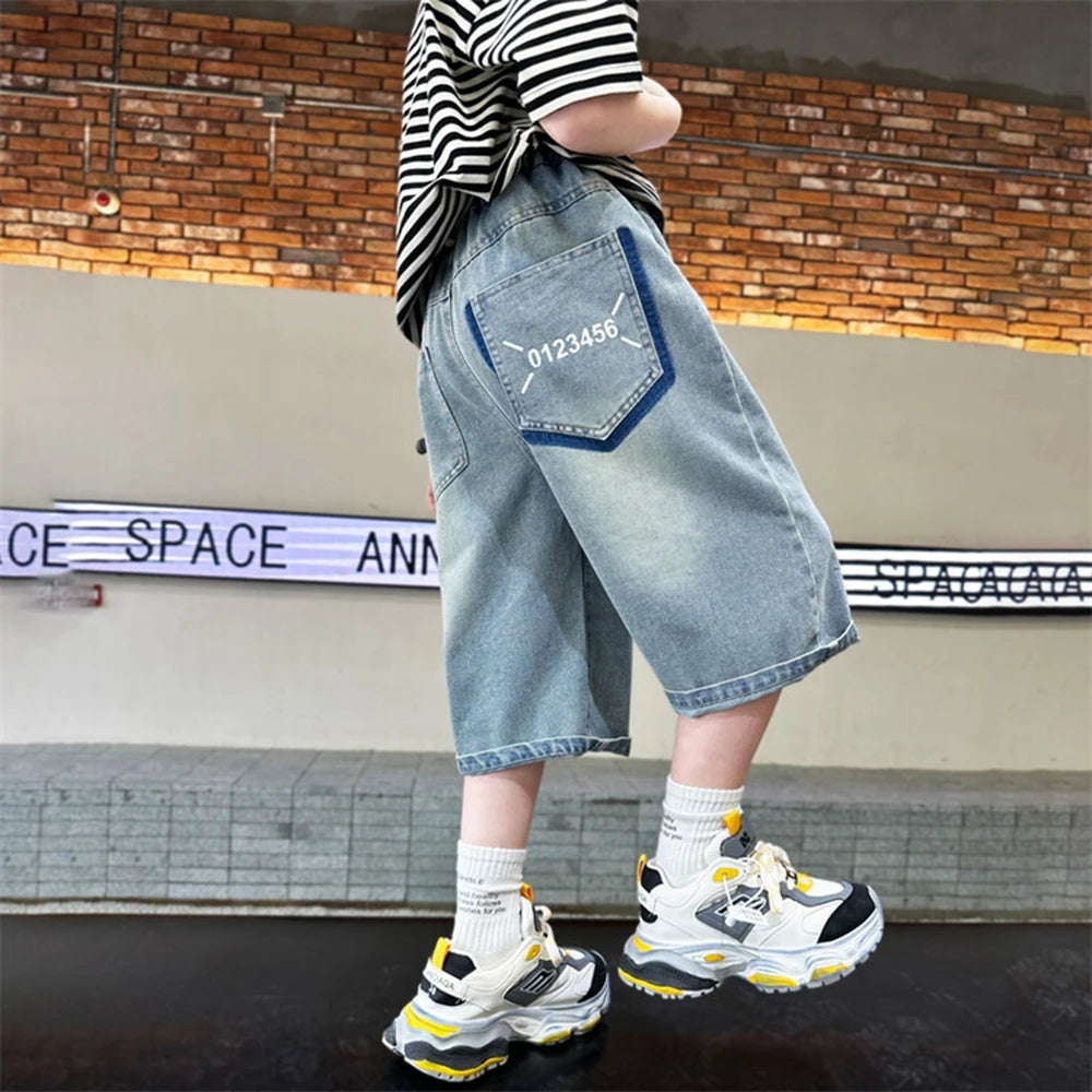 Teen Children's Shorts 2025 Summer New Kids Denim pants thin pants large children loose Boys with five Quarter pants 4-15Years