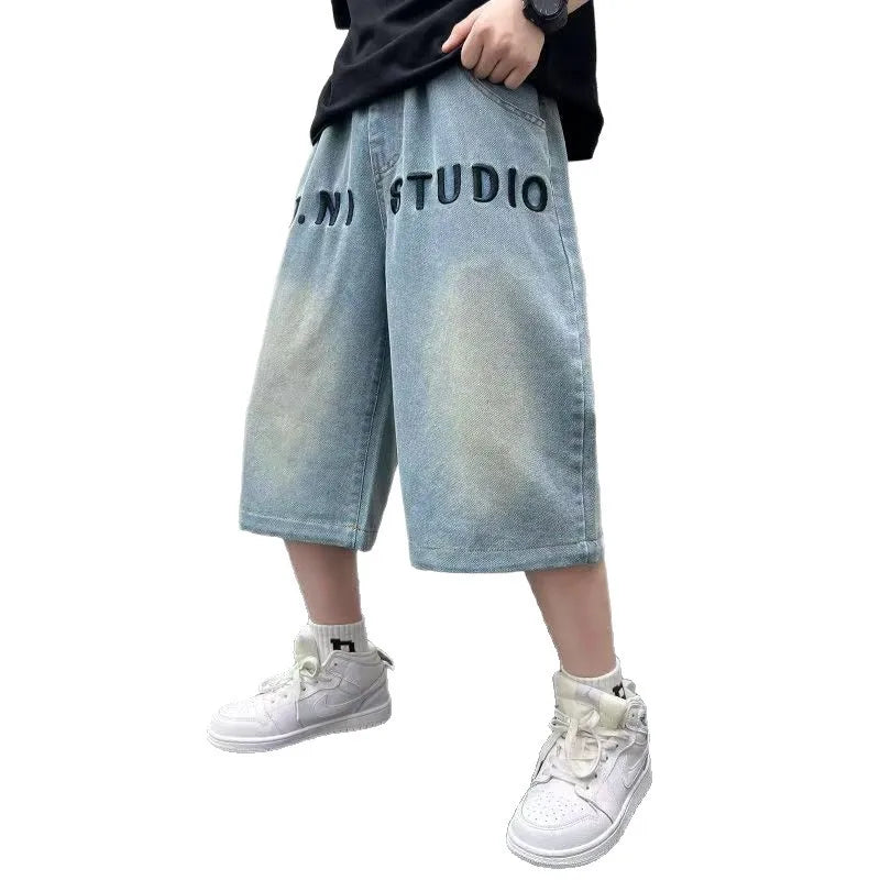 Teens Boys Letter Embroidered Mid- Denim Shorts 2025 New Child Summer Three-dimensional Cut Loose Fifth Pants Kids Casual Shorts
