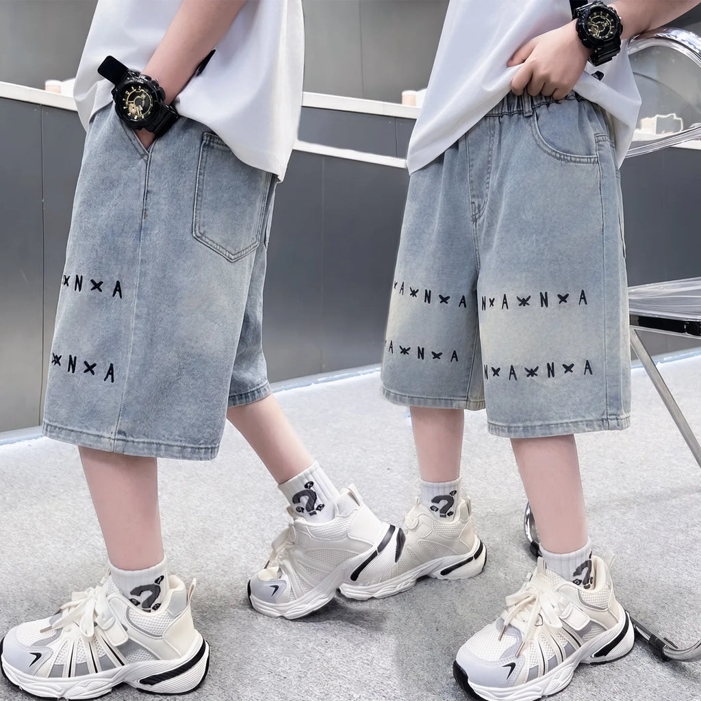 Boys letter Denim Shorts Teen Boys Casual Knee-Length Jeans Teenage Child Blue Denim With Y2K Fashion Style Trousers Ages 5-14Y