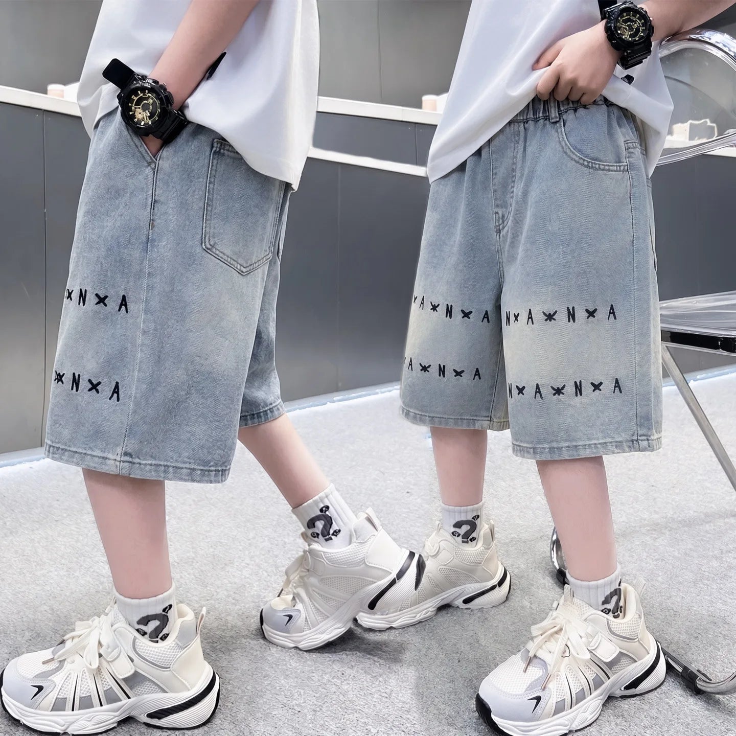 Boys letter Denim Shorts Teen Boys Casual Knee-Length Jeans Teenage Child Blue Denim With Y2K Fashion Style Trousers Ages 5-14Y