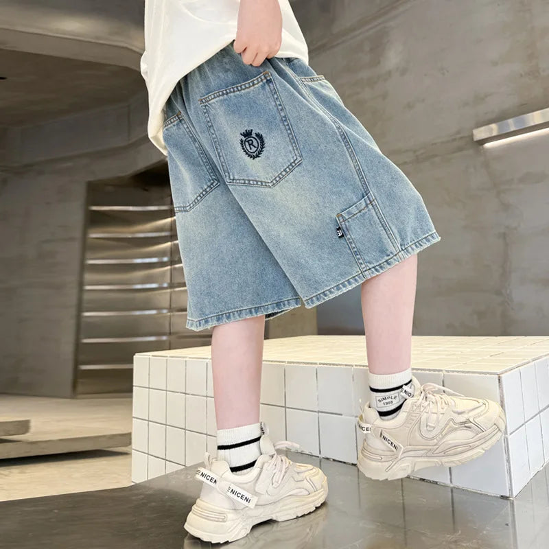 Kids Denim Shorts Teen Boys Casual Knee-Length Jeans Teenage Child Blue Denim With Cartoon Printed Trousers Toddler Ages 4-14Y