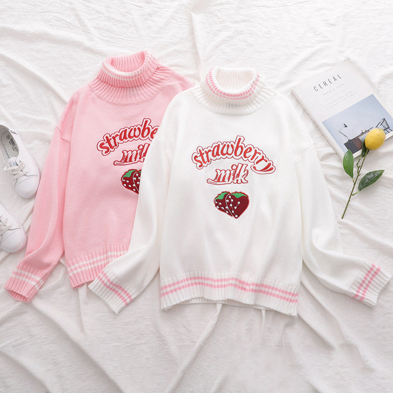 Strawberry embroidered turtleneck sweater