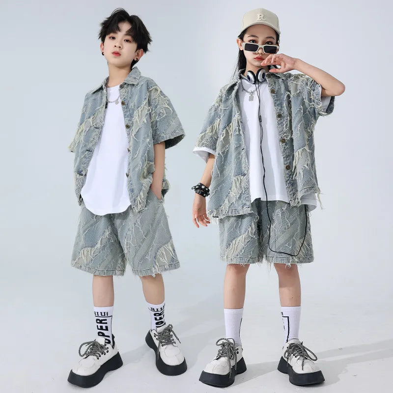 New Hip Hop Street Dance Clothes for Kids Gray Denim Vest Shorts T Shirt Boys Girls Jazz Performance Costume Teens Stage Outfits