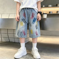 Summer Children Graffiti Print Baggy Denim Shorts for Teen Boys Streetwear Bottoms Kids Casual Knee Length Shorts With Drawings