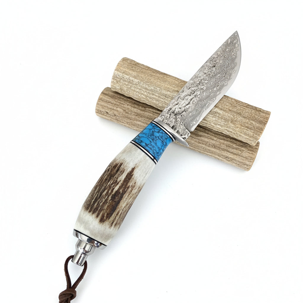 Damascus Steel Straight Knife – Antler & Turquoise Handle Outdoor Knife for Men | Gift Knife