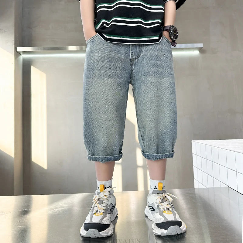 New Summer Kids Denim Shorts with Pockets For Teens Boys Slim Fit Mid-Calf Jeans Pants Teenage Child Causal Capris Shorts 5-14T