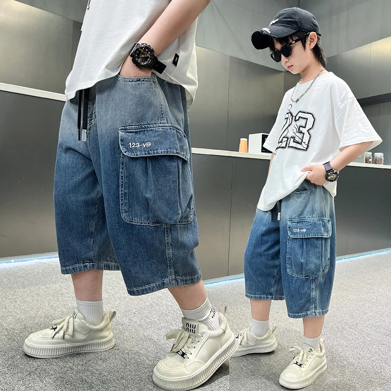 Summer Fashion Boys Denim Teen Boys Capri Jeans Tween Child Y2k Style+Tie-Dye Design Trousers Toddler Casual Pants Ages 4-14Y