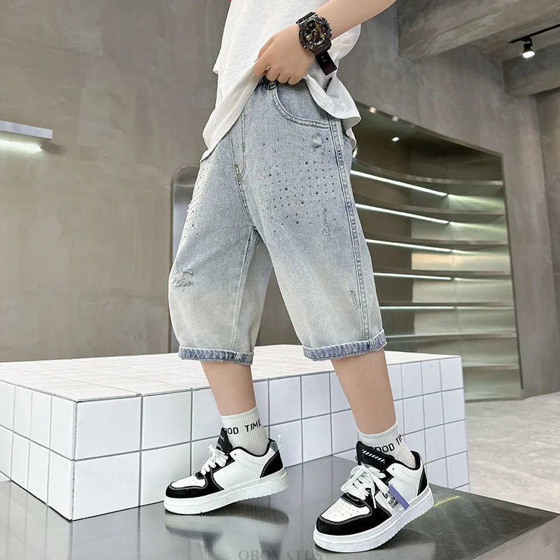New Summer Kids Denim Shorts with Pockets For Teens Boy Slim Fit Mid-Calf Jeans Pants Teenage Child Causal Ripped Crystal Shorts