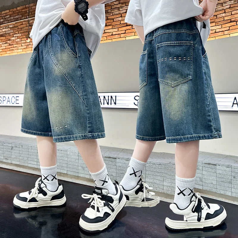 Teenage Child Blue Denim With Y2K Fashion Style Trousers Toddler Ages 4-14Y Boys Denim Shorts Teen Boys Casual Knee-Length Jeans