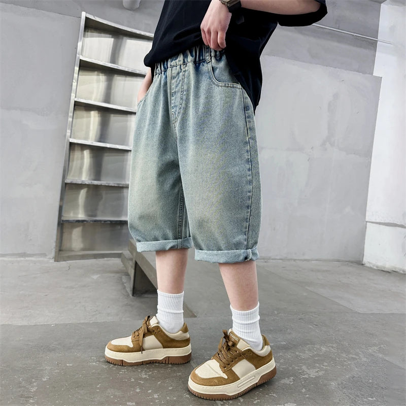 Hot Sale Kids Designer Summer Denim Shorts Pants for Teens Boy Casual Mid-Calf Jeans Solid Color Child Fashion Short Pants 5-14Y