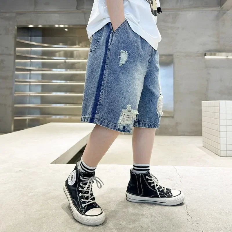 New 2025 Boys Summer Thin Denim Five-point Pants Kids Trendy Ripped Denim Shorts Trousers Teen Casual Jeans Children's Clothing