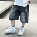 New Summer Style Boys' Gradient Denim Shorts Teen Childen Letter Printed Short Pants Trendy Kids Casual Knee-Length Jeans