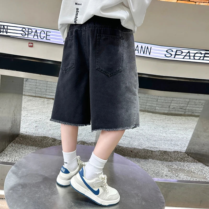 Fashion Design Tween Boy Ripped Denim Shorts with Hole For Teen Child Casual Knee-Length Black Jeans Kids Destroy Broken Shorts
