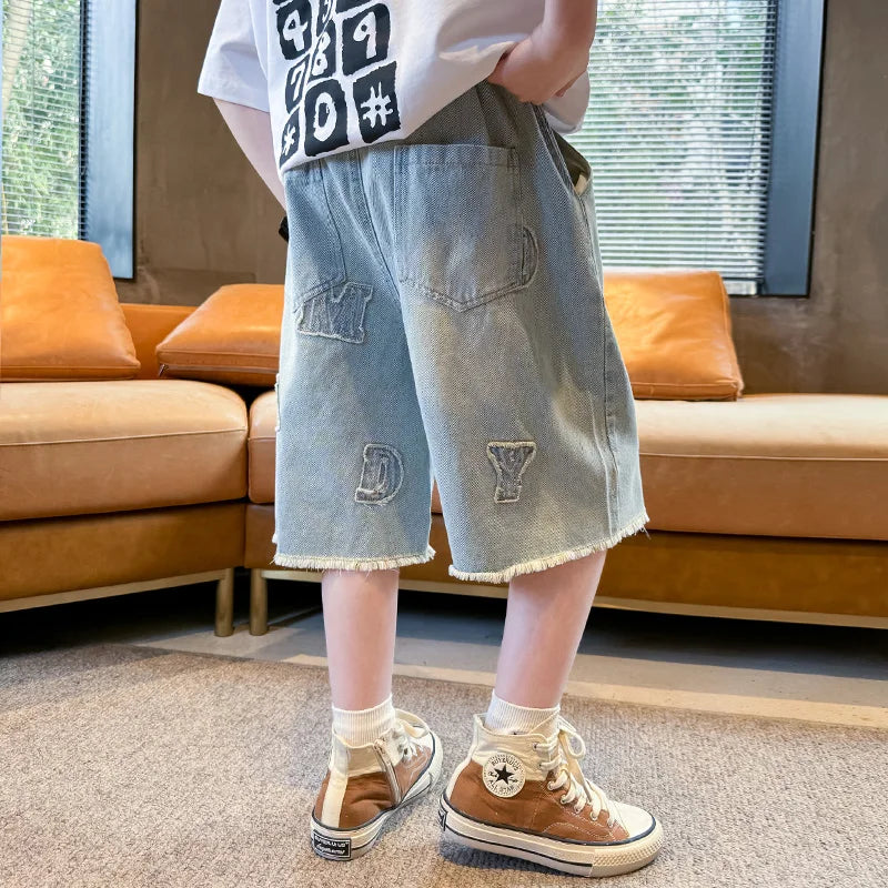 Teenage Child Blue Denim With Y2K Fashion Style Trousers Toddler Ages 4-14Y Boys Denim Shorts Teen Boys Casual Knee-Length Jeans