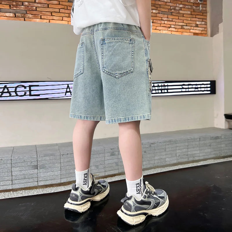 2025 New Kids Child Unique Designer Summer Denim Shorts with Plaid Pocket for Teens Boy Casual Jeans Cargo Shorts 5 7 9 11 13 14