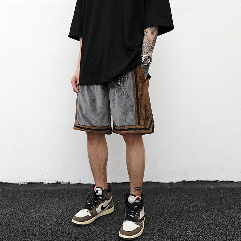 Embroidered Velvet Contrast Track Shorts