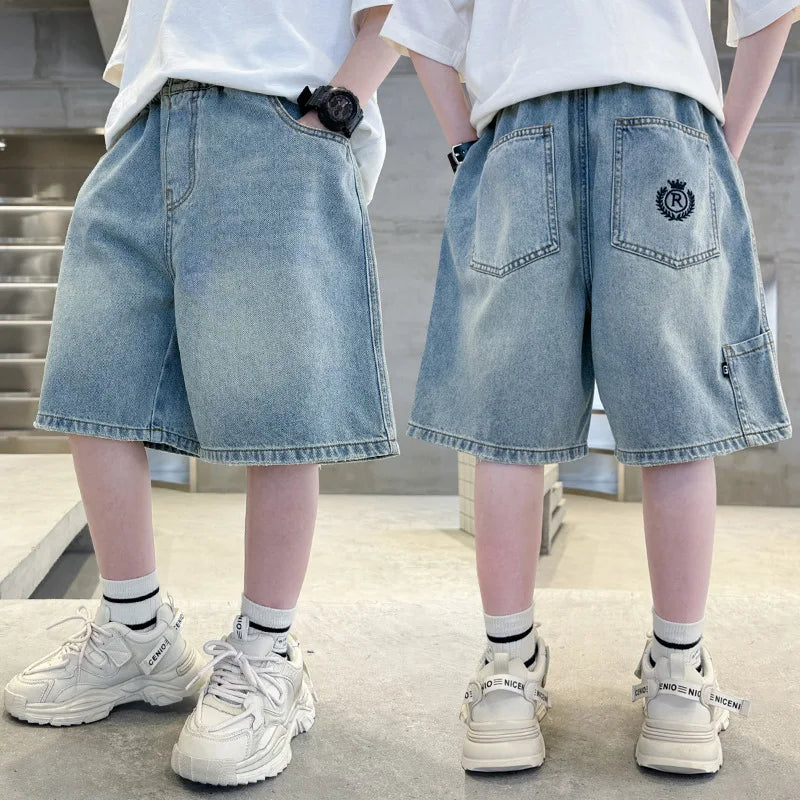 Kids Denim Shorts Teen Boys Casual Knee-Length Jeans Teenage Child Blue Denim With Cartoon Printed Trousers Toddler Ages 4-14Y