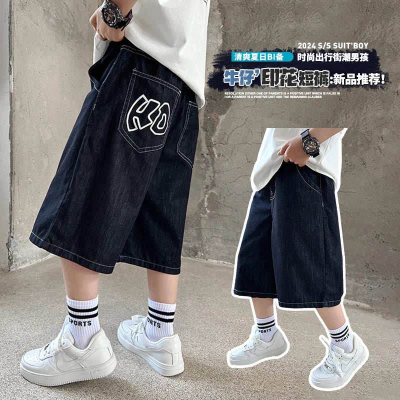 Teenage Child Black Denim With Y2K Fashion Style Trousers Toddler Age 4-14Y Boys Denim Shorts Teen Boys Casual Knee-Length Jeans