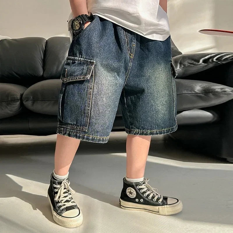 New 2025 Summer Fashion Boys Denim Five-point Pants Kids Casual Solid Thin Denim Shorts Trousers Teen Jeans Children's Clothing