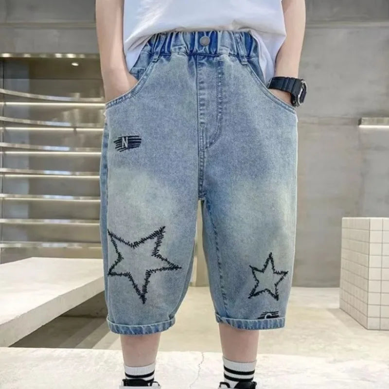 2026 New Boys' Denim Shorts Lightweight Summer Toddler To Teen Loose Fit Mid Length 7/8 Shorts Cotton Blend Hot Sale