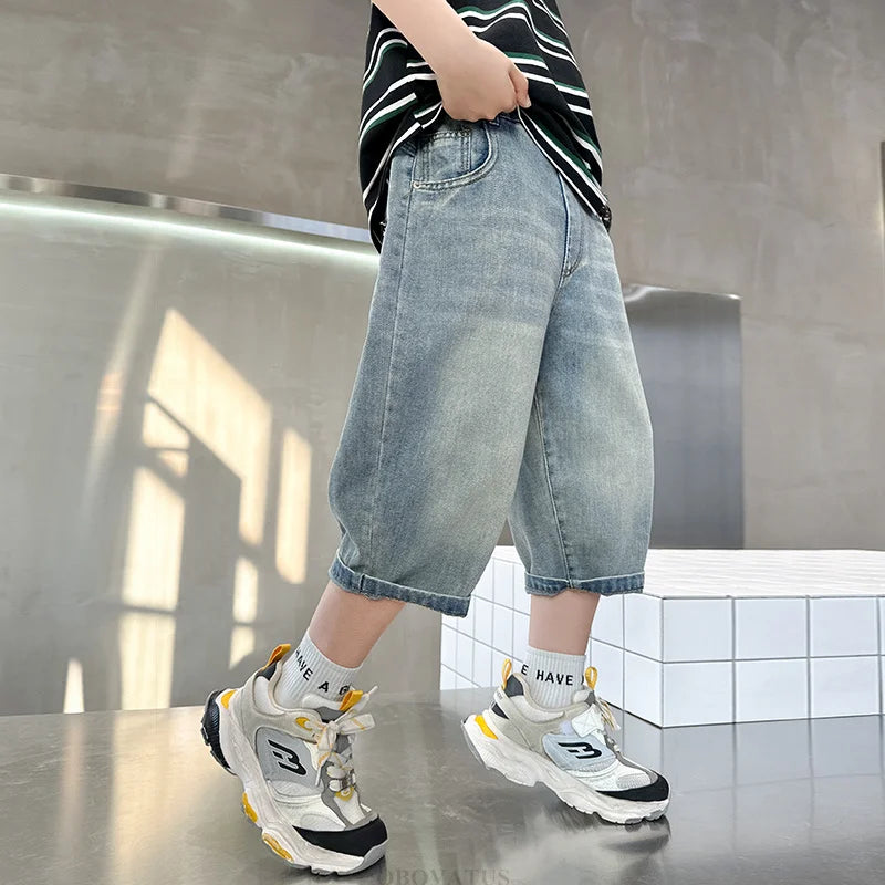 New Summer Kids Denim Shorts with Pockets For Teens Boys Slim Fit Mid-Calf Jeans Pants Teenage Child Causal Capris Shorts 5-14T