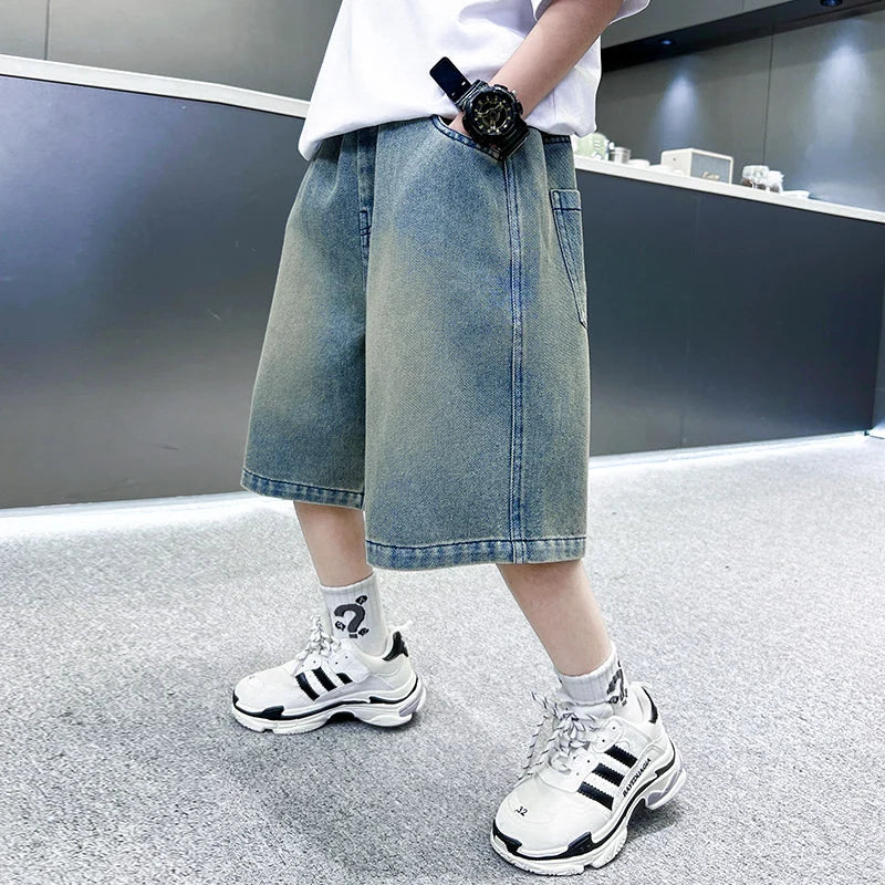 Boys Denim Shorts Summer Tween Children's Loose Teen Capri Pants High Quality Boys Clothes Short Jeans 5 6 7 8 9 10 11 12 13 14Y