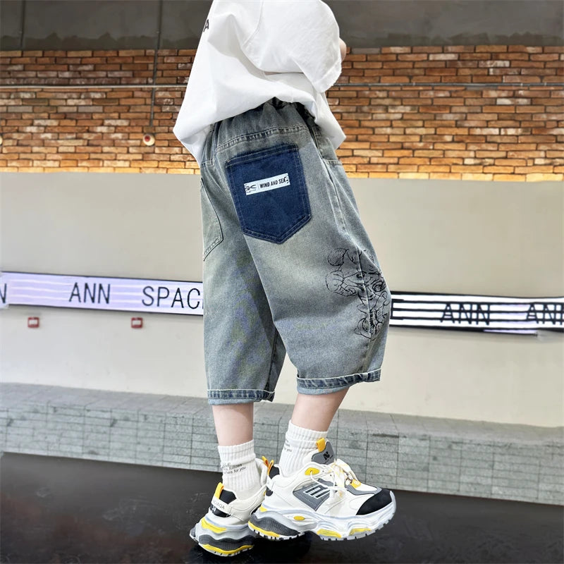 Teen Boys Shorts for Kids Summer 2025 Fashion Capri Trousers with Cartoon Print Korean Child Denim Shorts Jeans Age 5-14 Years