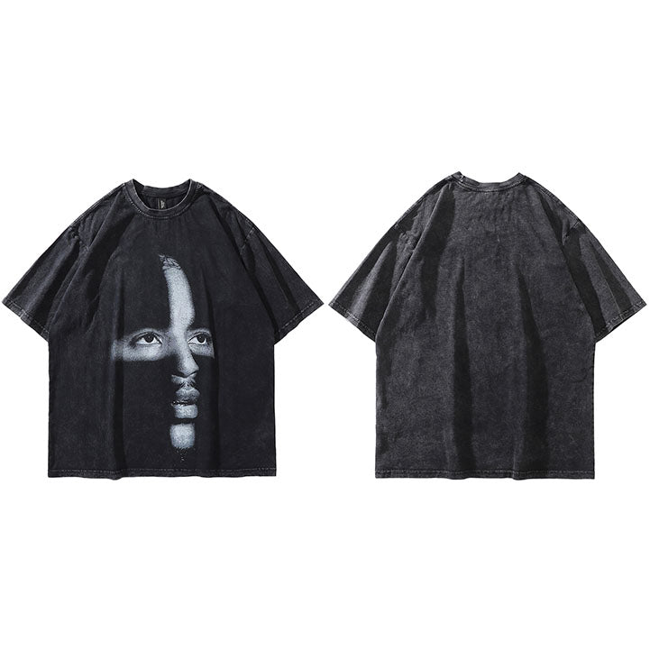 Portrait Print National Tide Hip Hop Loose Bottoming Men's Short Sleeves