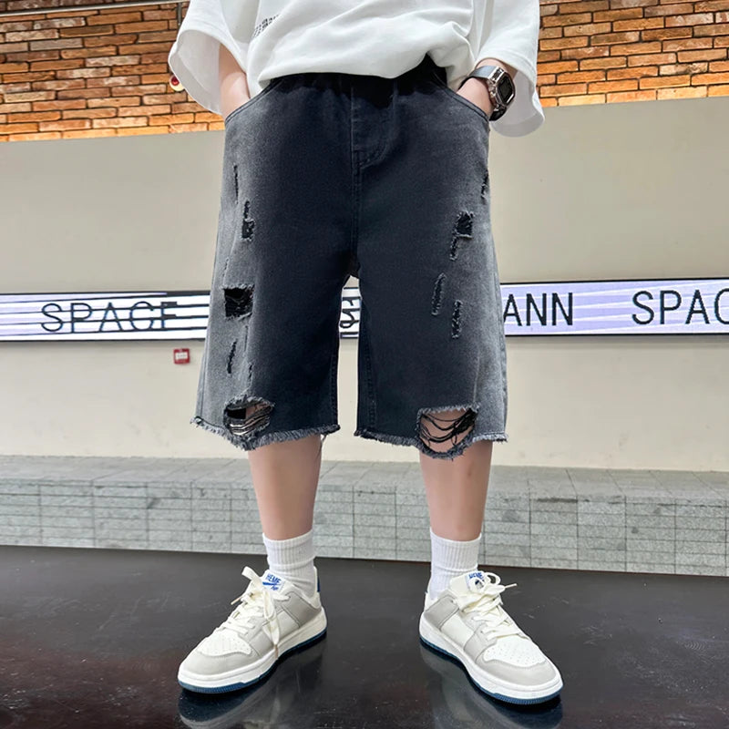 Fashion Design Tween Boy Ripped Denim Shorts with Hole For Teen Child Casual Knee-Length Black Jeans Kids Destroy Broken Shorts