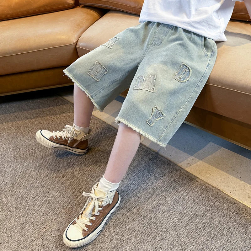 Teenage Child Blue Denim With Y2K Fashion Style Trousers Toddler Ages 4-14Y Boys Denim Shorts Teen Boys Casual Knee-Length Jeans