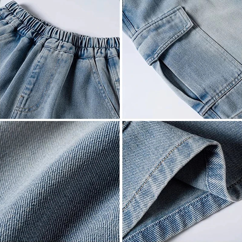 Summer Teen Boys Denim Shorts Fashion Solid Color Big Pocket Thin Jeans Pants For 4-14 Years Kids Children Casual Trousers