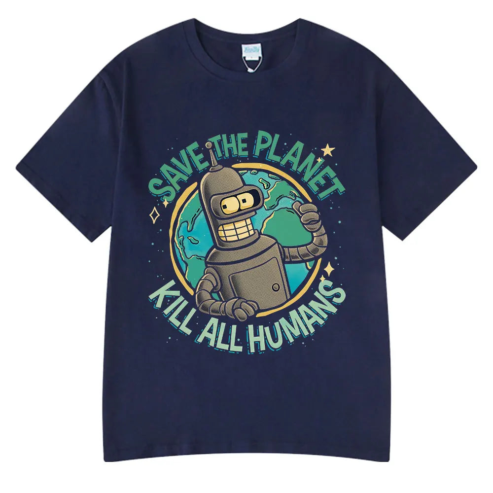 Funny Save The Planet Kill All Humans Robot Graphic Print T Shirt Men's Women Fashion Short Sleeve T-shirt Oversized Cotton Tees