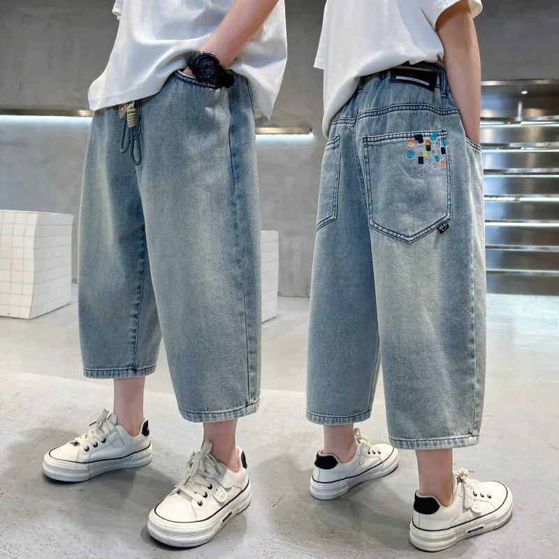 Korean Kids Casual Denim Shorts For Tween Boy Summer Clothes Costume Teens Child Print Baggy Capris Jeans Pants with Drawstring
