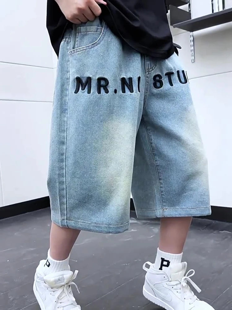 Teens Boys Letter Embroidered Mid- Denim Shorts 2025 New Child Summer Three-dimensional Cut Loose Fifth Pants Kids Casual Shorts