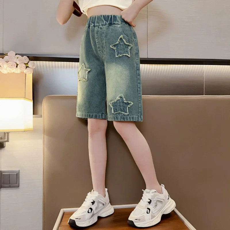 Girls Denim Shorts Summer Casual Loose Jeans Children Wide Leg Short Pants Teen High Waist Straight Trousers 5-14 Years