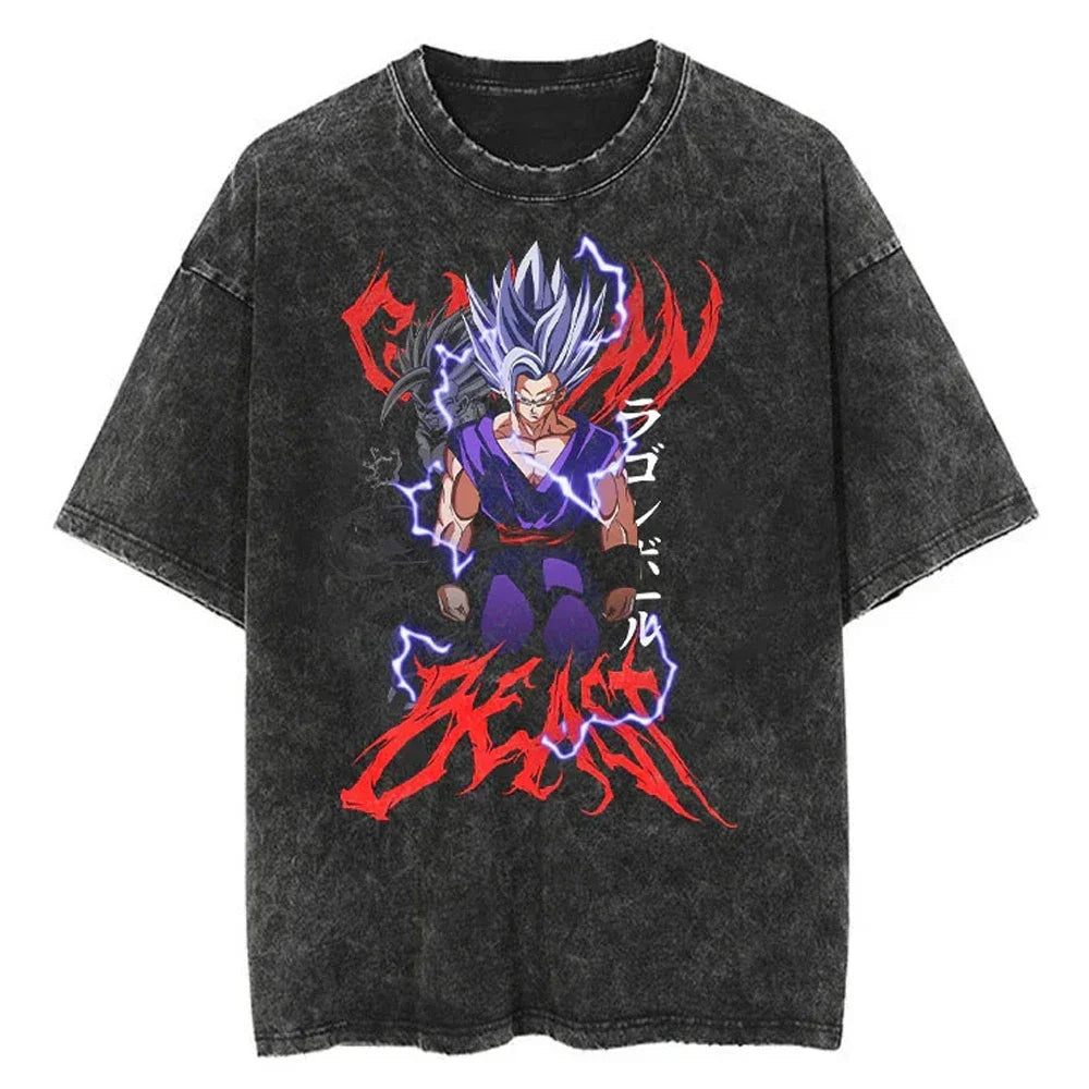 T-shirt Men's Street Clothing Dragon Ball Cartoon Pattern Vintage T-shirt Neutral Casual White Cotton Women T-shirt Top