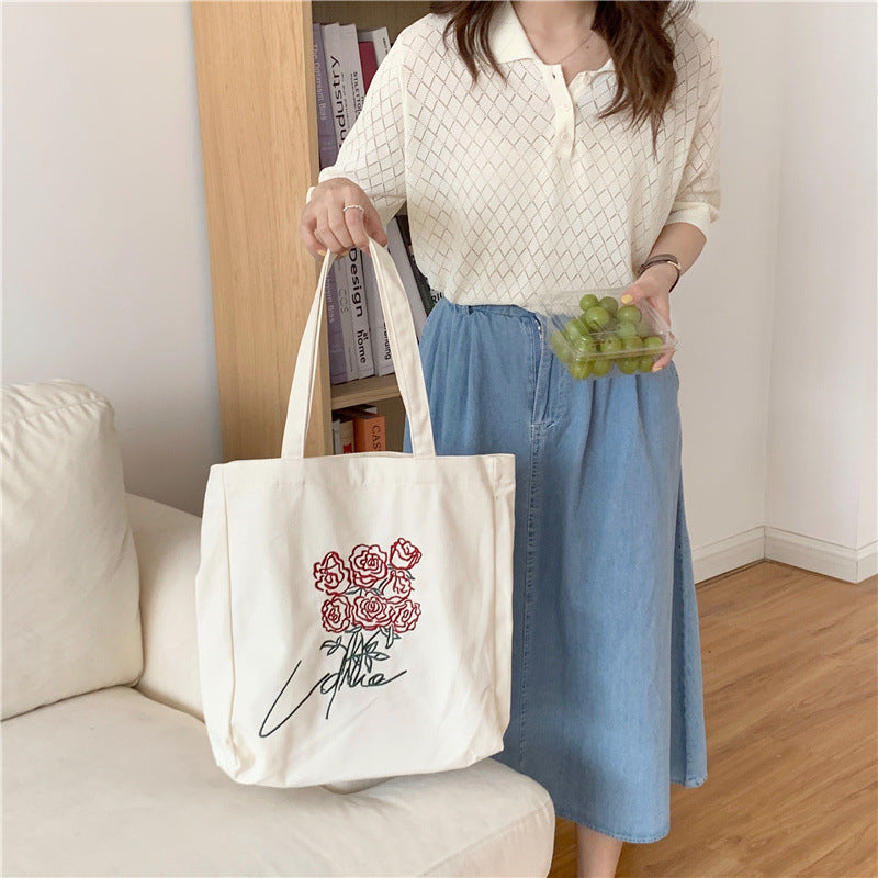 Korean Embroidered Rose Vintage Canvas Bag