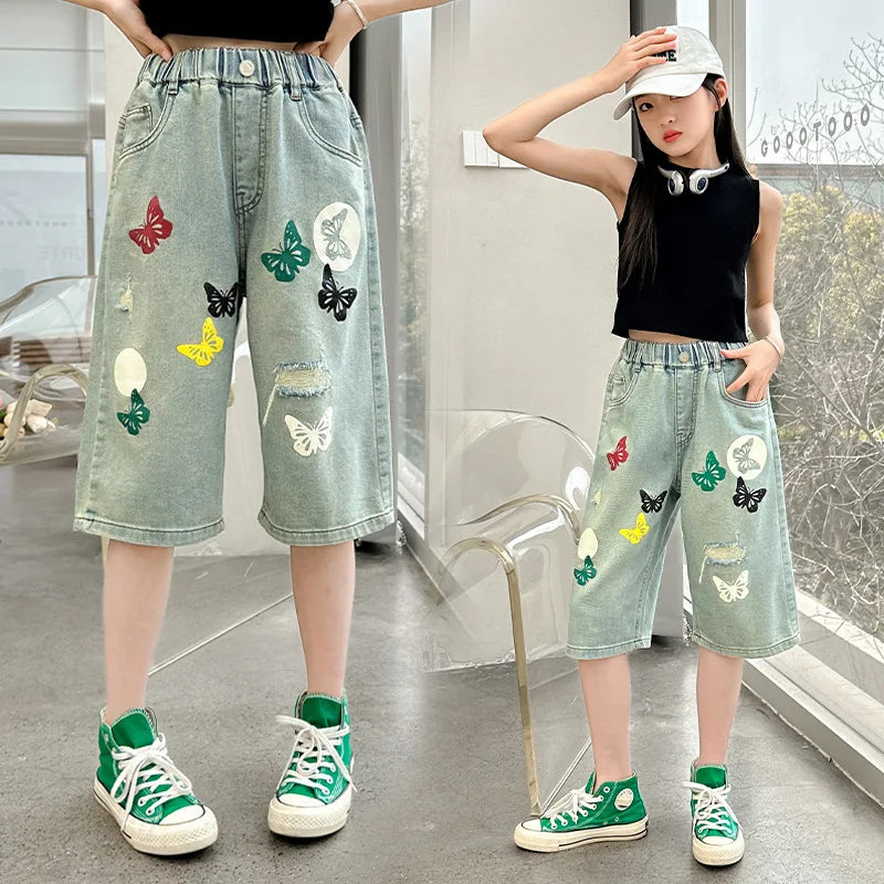 Kids Summer Denim Shorts with Butterfly Printing for Teens Girl Casual Straight Jeans Capris Tweens Child Mid-Calf Denim Pants
