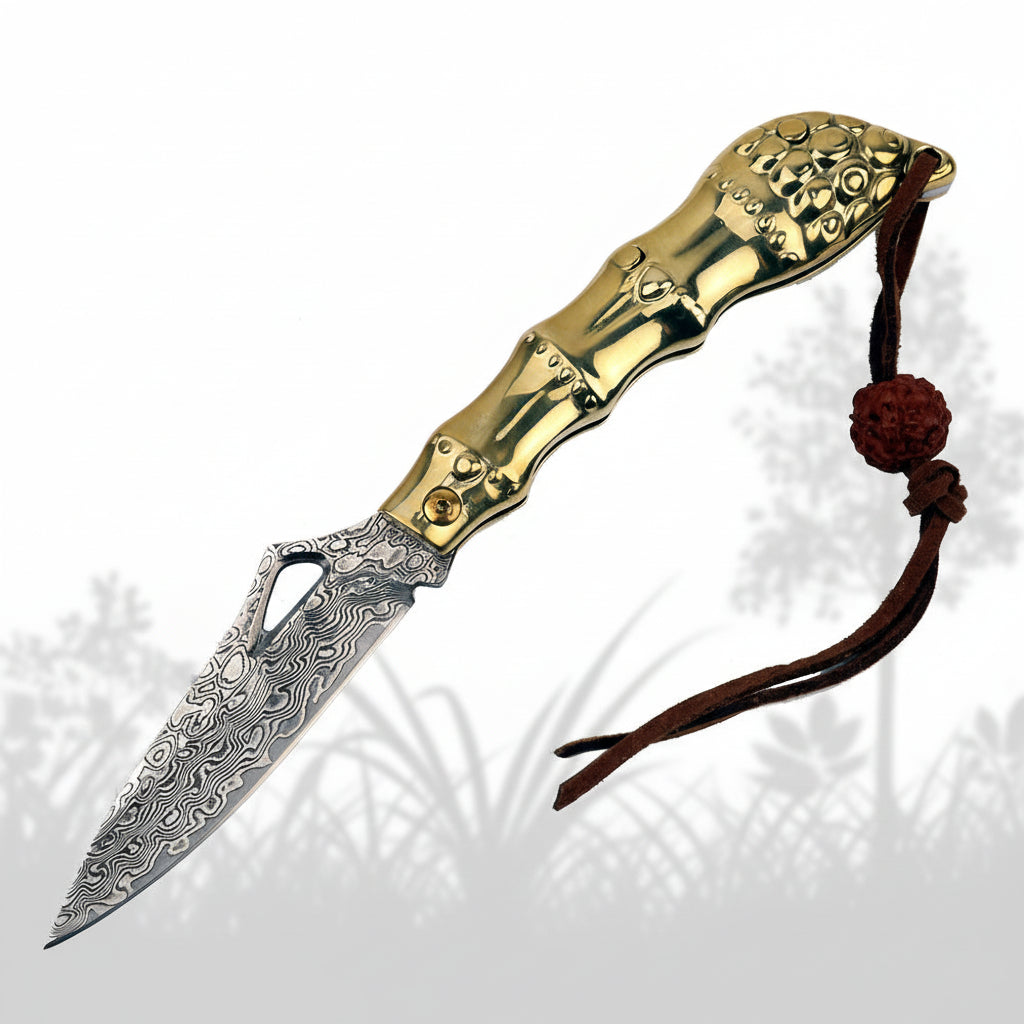 Golden Kylin Damascus Folding Knife – Brass Handle EDC Knife