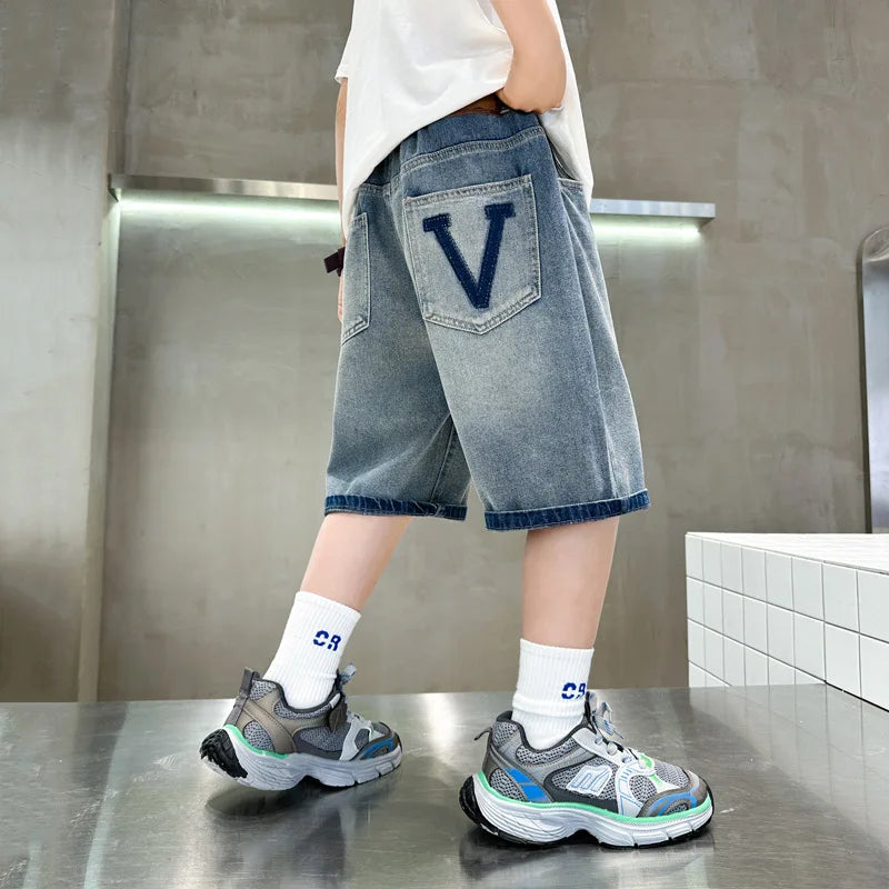 Kids Denim Shorts Teen Boys Casual Knee-Length Jeans Teenage Child Blue Denim With Cartoon Printed Trousers Toddler Ages 4-14Y