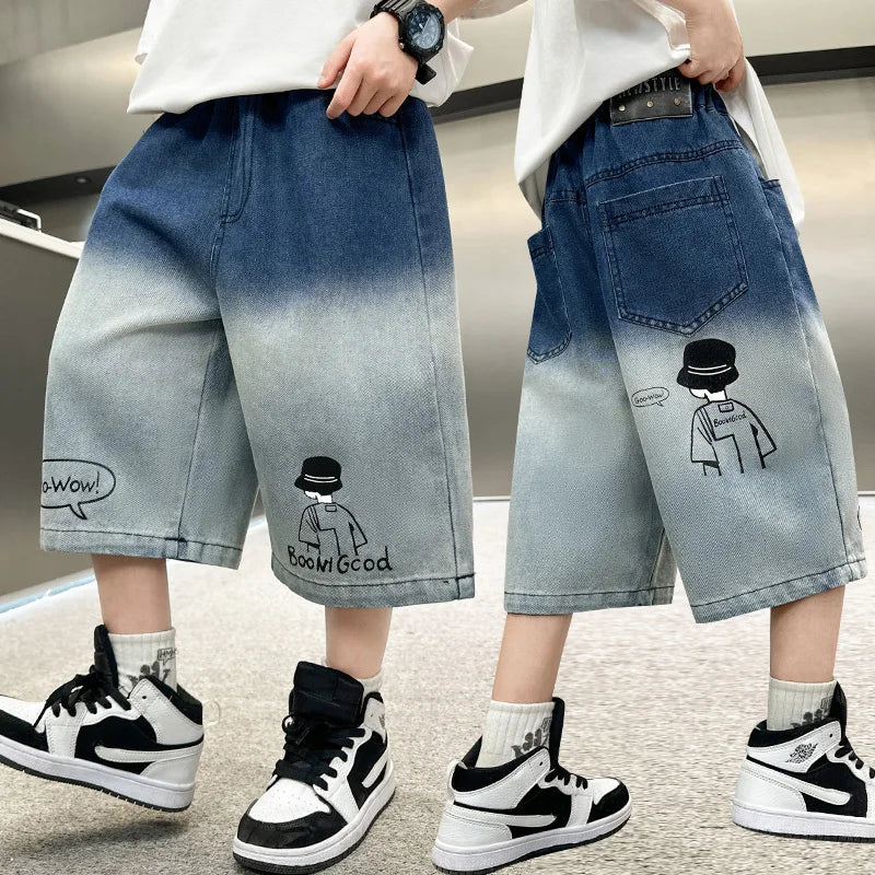 Elegant Kids Summer Blue Gradient Denim Shorts for Teens Boy New Fashion Street Style Knee Length Jeans Shorts 5 7 9 11 13 14 Y