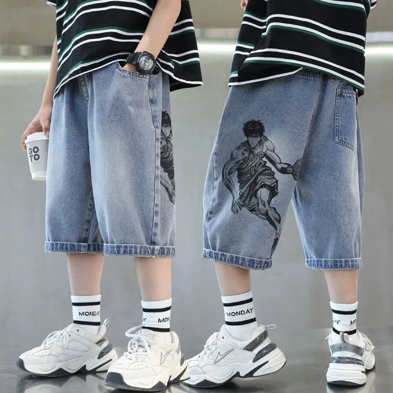 Kids Denim Shorts Teen Boys Casual Knee-Length Jeans Teenage Child Blue Denim With Cartoon Printed Trousers Toddler Ages 4-14Y