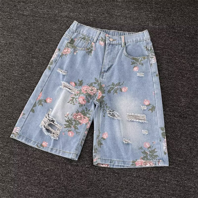 Summer Retro Floral Print Ripped Denim Shorts