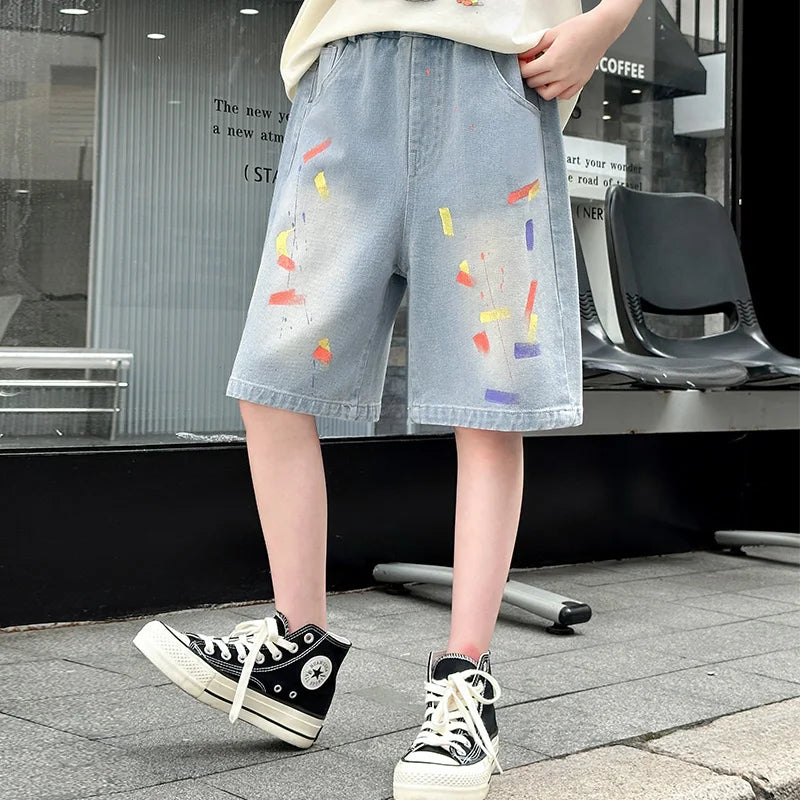 Summer Children Denim Shorts with Drawings for Teen Girl Fashion Printed Knee Length Jeans Capris Age 5 6 7 8 9 10 11 12 13 14 Y